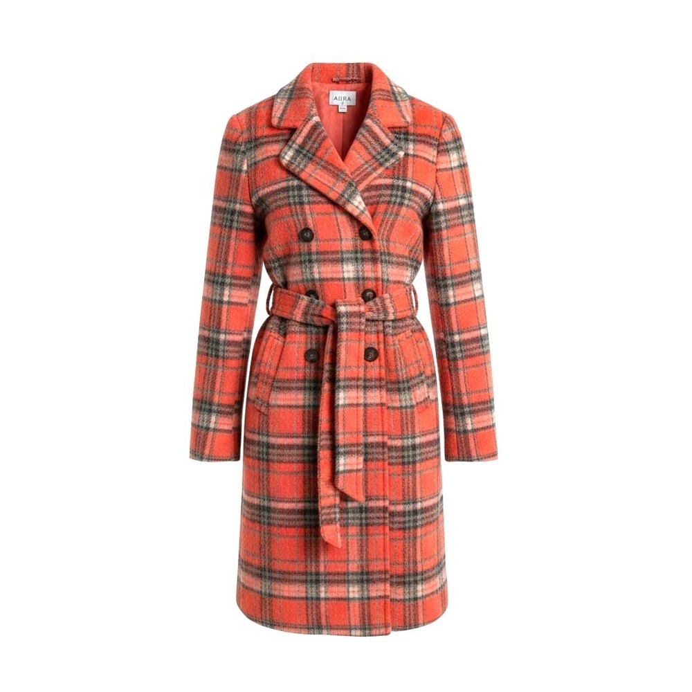 Aura Women's Orange Plaid Wrap Coat Size S NWOT